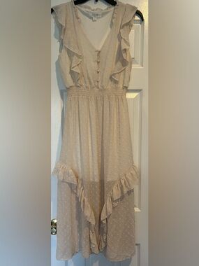 Peach Love California Cream Swiss Dot Midi Dress with Ruffle Hem